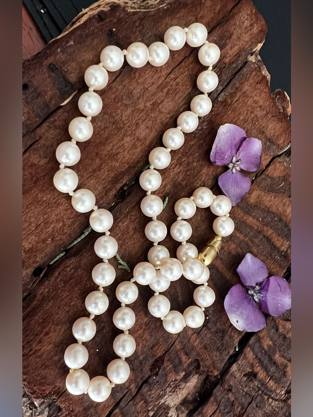 Vintage Knotted Champagne Pearls Necklace Crystal Beige NΓ‘car Strung 18.25β